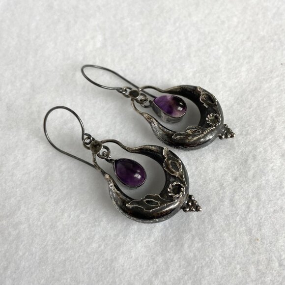 VTG Oxidized Sterling Silver 925 1.86" Amethyst Cabochon Dangle Drop Earrings - Picture 13 of 16